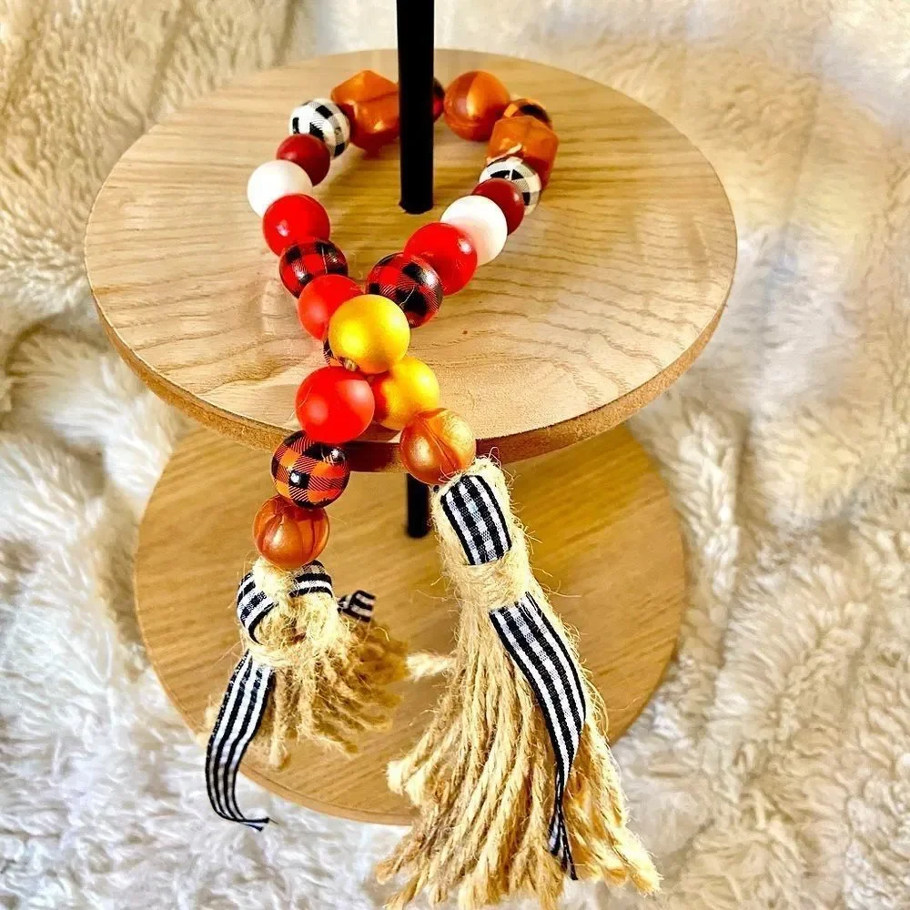 NEW Wood Bead Garland with Plaid Tassels